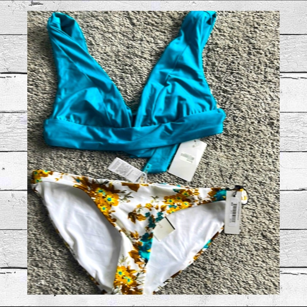 Vitamin A turquoise ocean and floral bikini set / bottoms are reversible- white